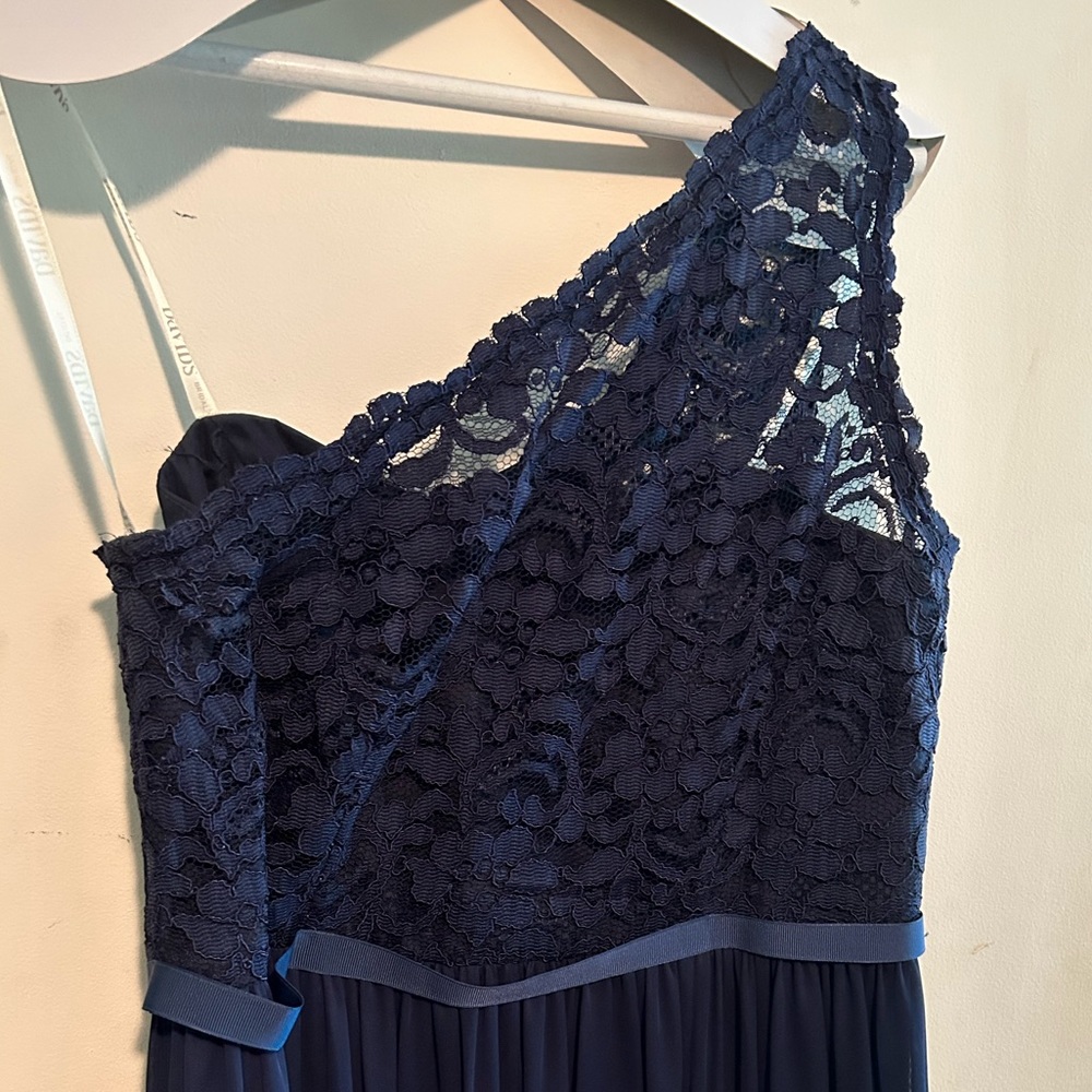 David’s Bridal Size 12 Navy one shoulder lace floor length dress